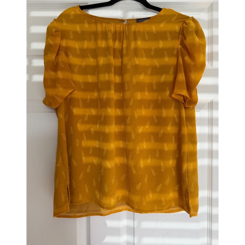 Vince Camuto Mustard Yellow Clip Dot Puff Sleeve Blouse Top Large‎